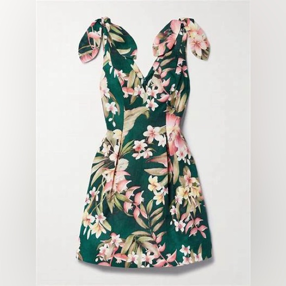 Zimmermann Lexi Tie Mini Dress Green Palm Floral Linen Dress AU 2 US 6 8 M  - mordernwear.com